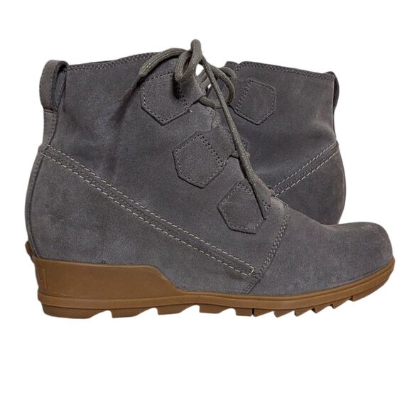 NWOT Sorel Evie US Sz 10 Gray Suede Ankle Booties Lace Up Wedge Weatherproof - Picture 7 of 16